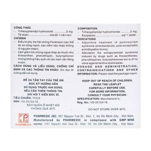 Trihexyphenidyl Pharmedic điều trị phụ trợ hội chứng Parkinson 100 viên