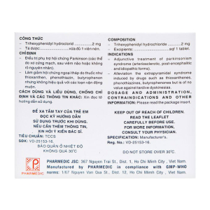 Trihexyphenidyl Pharmedic điều trị phụ trợ hội chứng Parkinson 100 viên