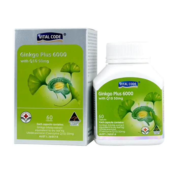 Vital Code Ginkgo Plus 6000 with Q10 50mg hỗ trợ tuần hoàn não 60 viên Vital Code Ginkgo Plus 6000 with Q10 50mg hỗ trợ tuần hoàn não 60 viên
